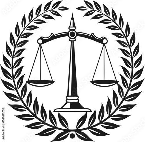 Solid black justice silhouette featuring law pillars, balanced scales, and judge’s gavel, representing structure and legal balance.