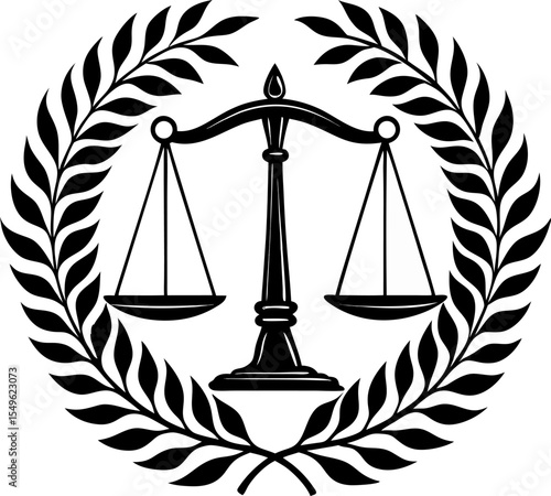Minimal silhouette of courthouse with justice scales and gavel, perfect for legal institutions, firms, or judicial branding.
