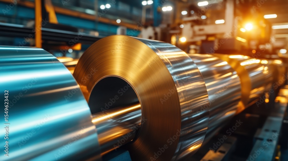 Fototapeta premium Polished steel rollers gleam under bright industrial lighting, showcasing the intricate craftsmanship and precision involved in modern manufacturing processes.