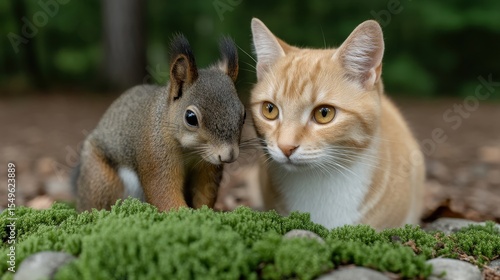 A cat and a squirrel are standing next to each other in a grassy area