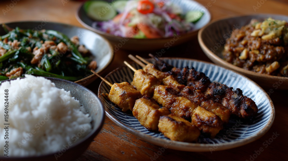 Indonesian dinner small dishes satay. Indonesian dinner small dishes satay.