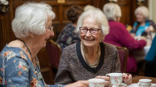 Elderly residents and volunteers chatting and enjoying tea during a community outreach event