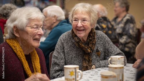 Elderly residents and volunteers chatting and enjoying tea during a community outreach event