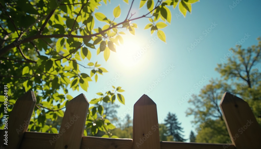 Fototapeta premium Wooden Fence with Green Leaves and Bright Sunlight in Blue Sky