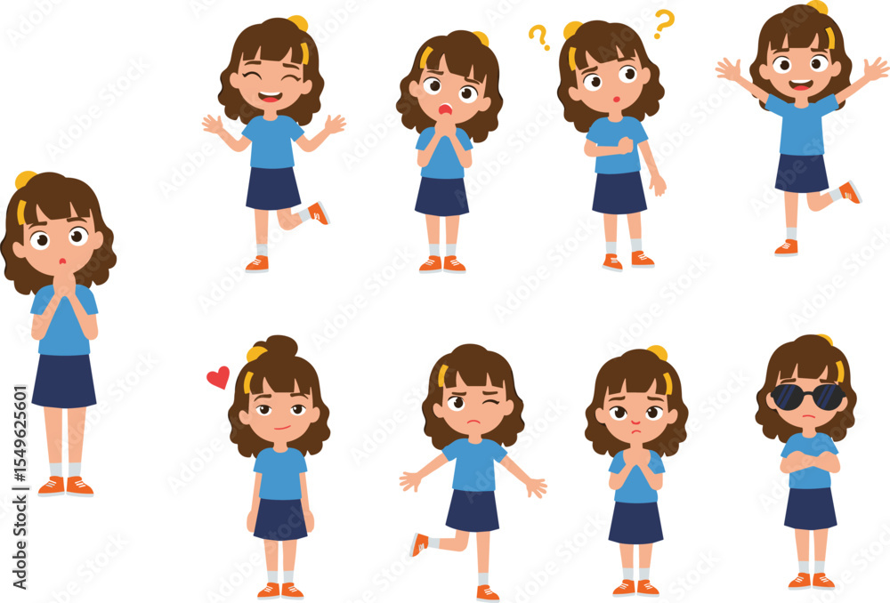 Cartoon girl expressing emotions with different facial expressions and body language, cute child character set showing happy, sad, confused, surprised, excited moods, flat vector illustration. Cartoon girl expressing emotions with different facial expressions and body language, cute child character set showing happy, sad, confused, surprised, excited moods, flat vector illustration.