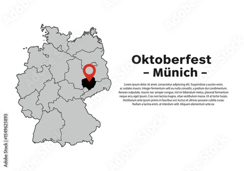 Map of Germany highlighting Munich in Bavaria as the location for Oktoberfest festival.