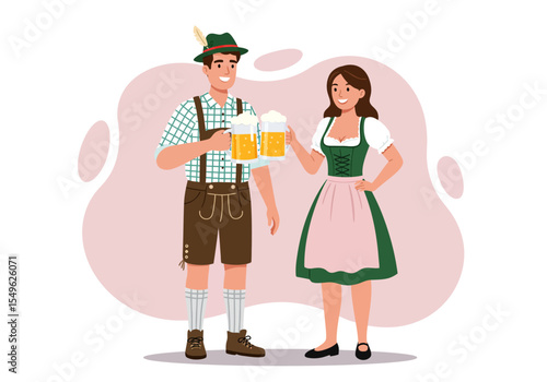 Happy young couple in Lederhosen and Dirndl toasting with beer at Oktoberfest.