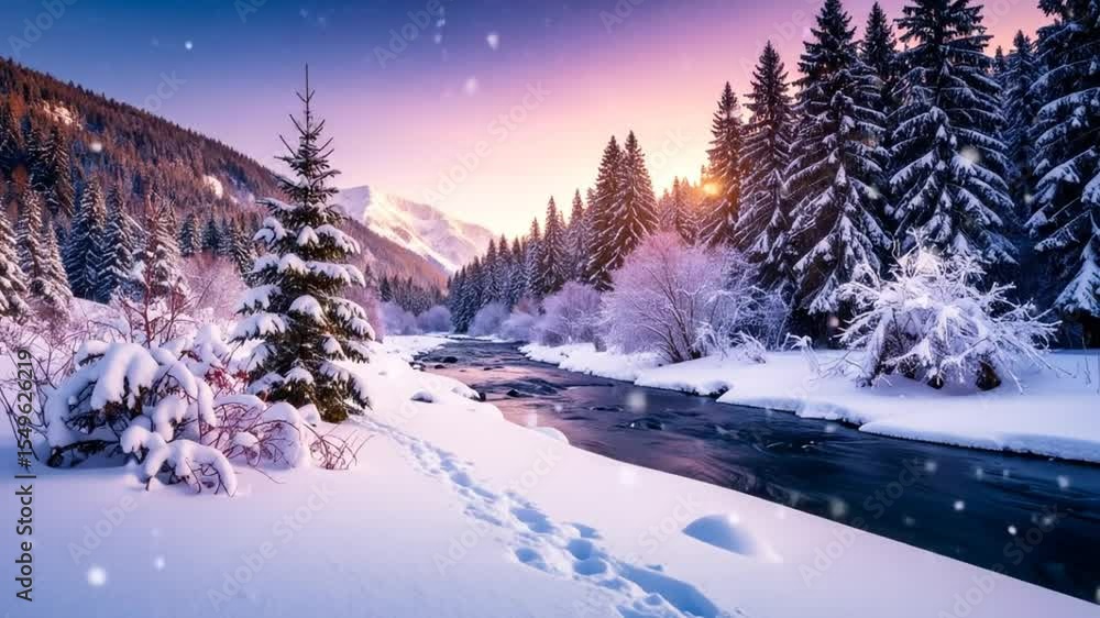 Enchanting Winter Wonderland: Snow-Covered Forest, Sparkling River, and Footprints in the Fresh Snow Enchanting Winter Wonderland: Snow-Covered Forest, Sparkling River, and Footprints in the Fresh Snow