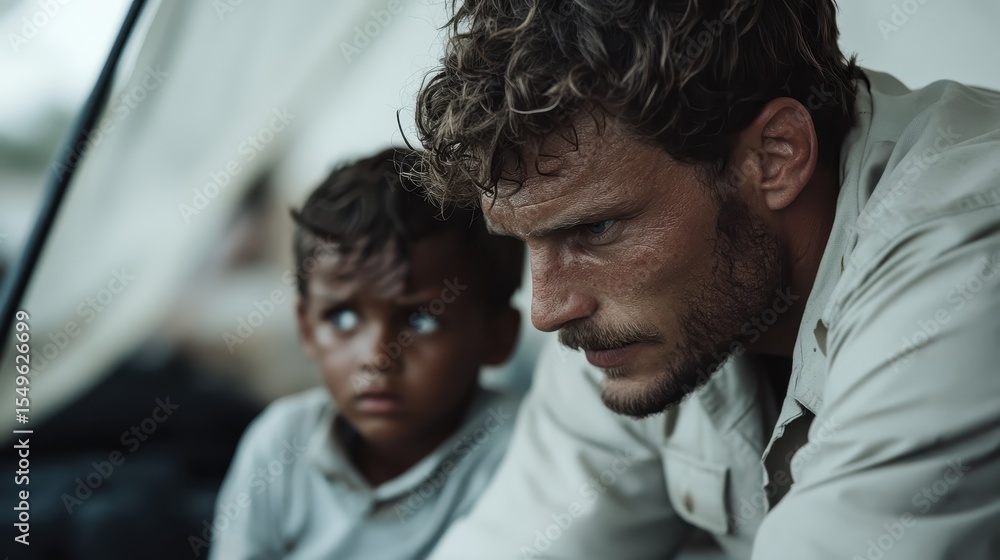 Obraz premium A tense yet emotional encounter shows a man and a worried boy deep in thought, possibly hinting at a challenging situation they are facing together in a vulnerable moment.