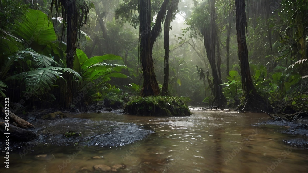 Serene Tropical Rainforest Stream Amidst Vibrant Greenery and Natural Beauty Serene Tropical Rainforest Stream Amidst Vibrant Greenery and Natural Beauty