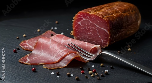 Smoked ham, Ham, Sliced ham, Sliced Smoked Ham on Black Stone Background
