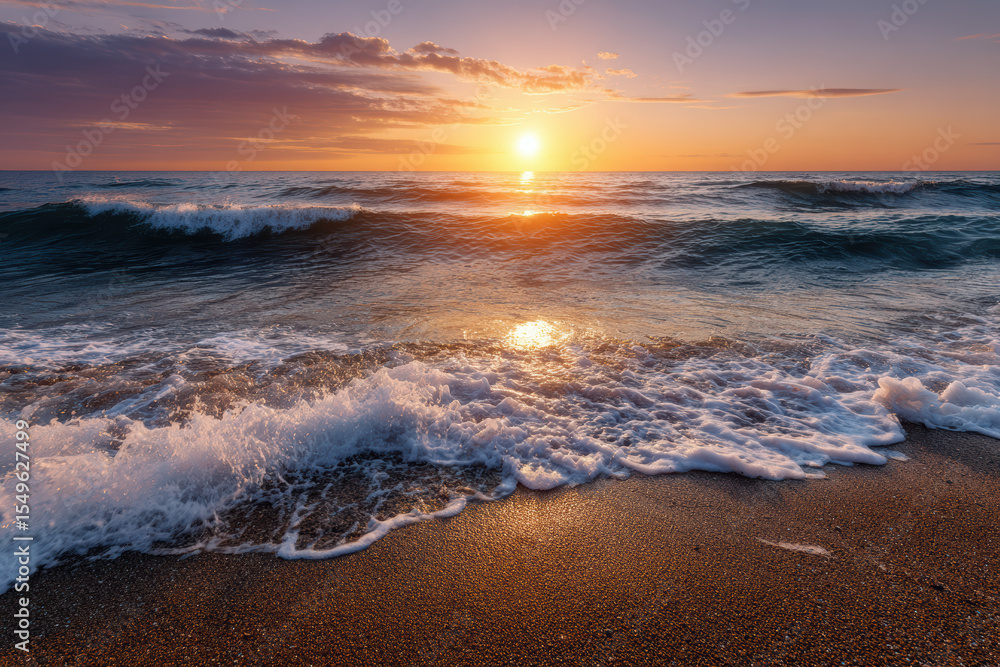 Obraz premium Serene beach sunrise with soft pastel colors reflecting on water