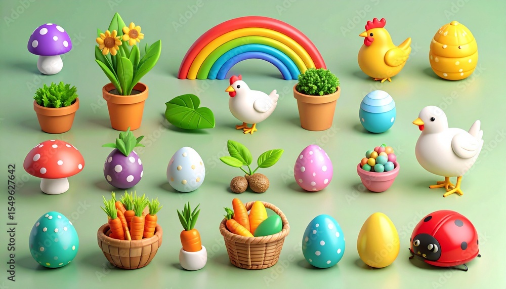 spring 3D vector icon set._rainbow, child chicken, egg basket, carrot, mushroom, plan spring 3D vector icon set._rainbow, child chicken, egg basket, carrot, mushroom, plan