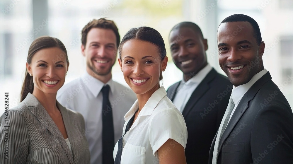 A diverse group of business professionals standing together in a modern office setting. A diverse group of business professionals standing together in a modern office setting.