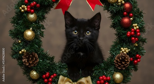 Black kitten, Cat, Christmas, Black Kitten in Christmas Wreath