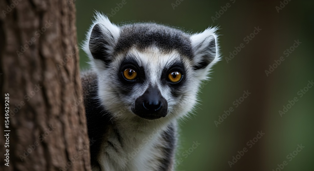 Obraz premium Ring-tailed lemur, Lemur, Primate, Curious Ring-tailed Lemur Peeking from Behind a Tree