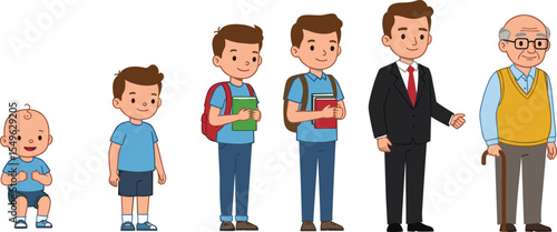 Male life stages illustration, baby to old man aging process, cartoon character development, childhood to adulthood timeline, flat vector design, human growth transformation concept image.