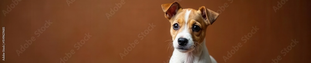 Adorable terrier puppy stares intently, brown backdrop, gaze, hair Adorable terrier puppy stares intently, brown backdrop, gaze, hair