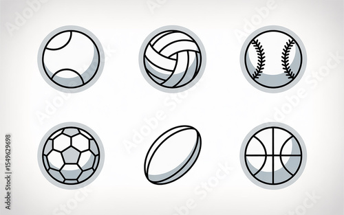 Six Different Sport Balls Line Icons Set