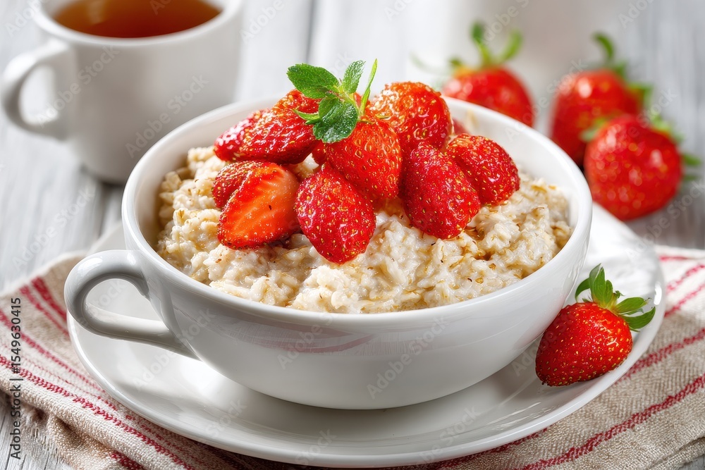 Strawberry oatmeal in a white bowl Nutritious breakfast with organic berries Strawberry oatmeal in a white bowl Nutritious breakfast with organic berries