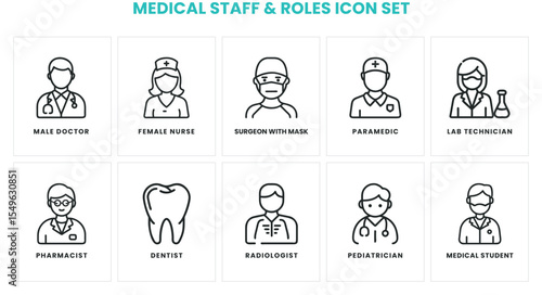Comprehensive Medical Staff and Roles Icon Set for Healthcare Professionals, Hospital Team, and Clinical Roles Illustrations