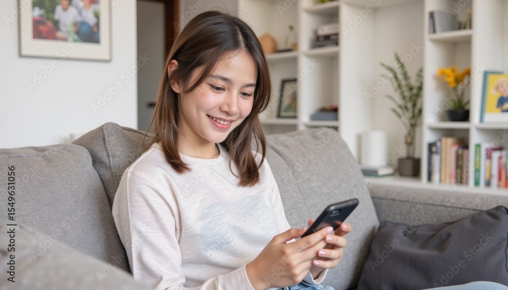 Young woman smiling while using smartphone in cozy living room with modern decor and bright natural light Young woman smiling while using smartphone in cozy living room with modern decor and bright natural light