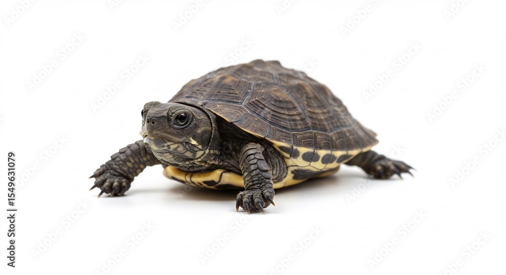 Tiny turtle crawls slowly against bright white background. AI Generated Tiny turtle crawls slowly against bright white background. AI Generated