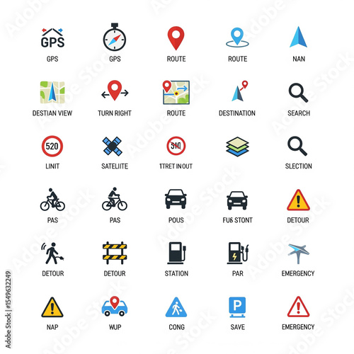 Navigation App Icons GPS, Maps, Route, and Detour Symbols