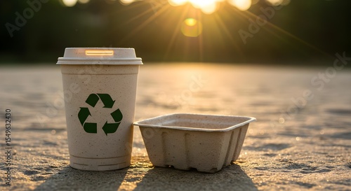 Eco-friendly, Disposable, Coffee cup, Eco-Friendly Disposable Coffee Cup and Food Container at Sunset