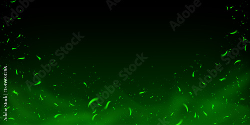 Green magical flame with glowing sparks and flying embers. Neon fire effect with fog, smoke and toxic mist on dark background. Fantasy vector texture with sparkle, shine and fairytale energy burst.