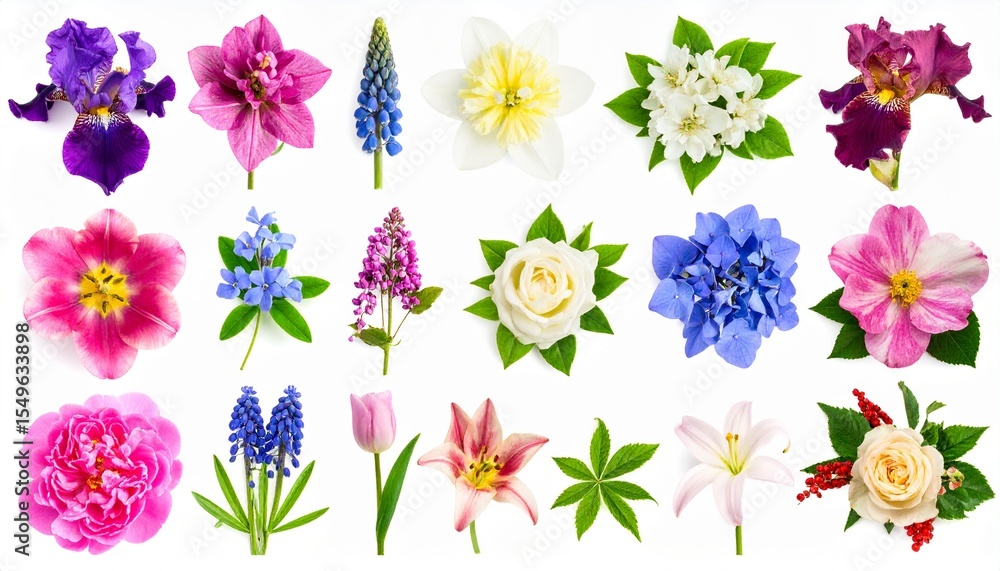 Spring collection of flowers iris, hellebore, syringa, peony, lupine, tulip, lily, Spring collection of flowers iris, hellebore, syringa, peony, lupine, tulip, lily,