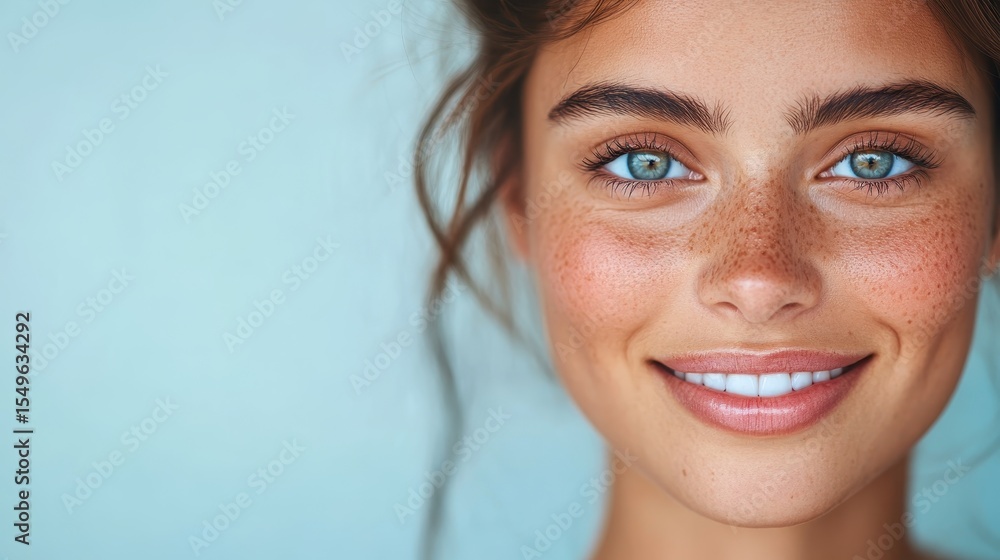 Naklejka premium A cheerful young woman, her freckled skin illuminated by soft light, beams a bright smile, showcasing joy, warmth, and the natural beauty of individuality and self-confidence.