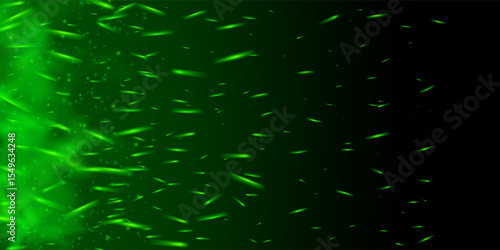 Glowing green flame with sparks and magical particles. Dark smoky background with neon shine, fairy dust and toxic mist. Abstract fantasy fire with hot embers and transparent night glow.