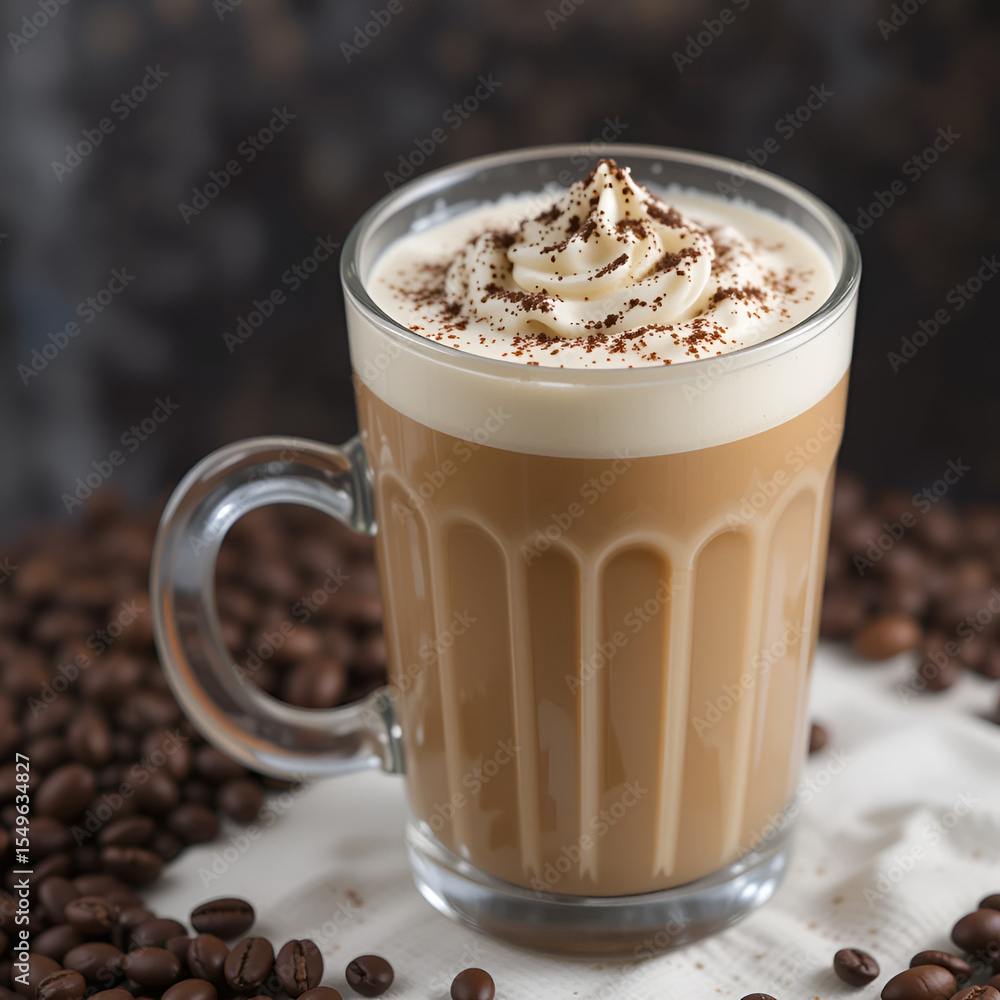 Coffee drink with cream and chocolate sprinkle on top served in a glass surrounded by coffee beans with Copy Space. Coffee drink with cream and chocolate sprinkle on top served in a glass surrounded by coffee beans with Copy Space.