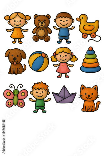 sets of 3d icons of Whimsical children doodle icons bundle, colorful hand-drawn kids with toys and animals on a transparent background.