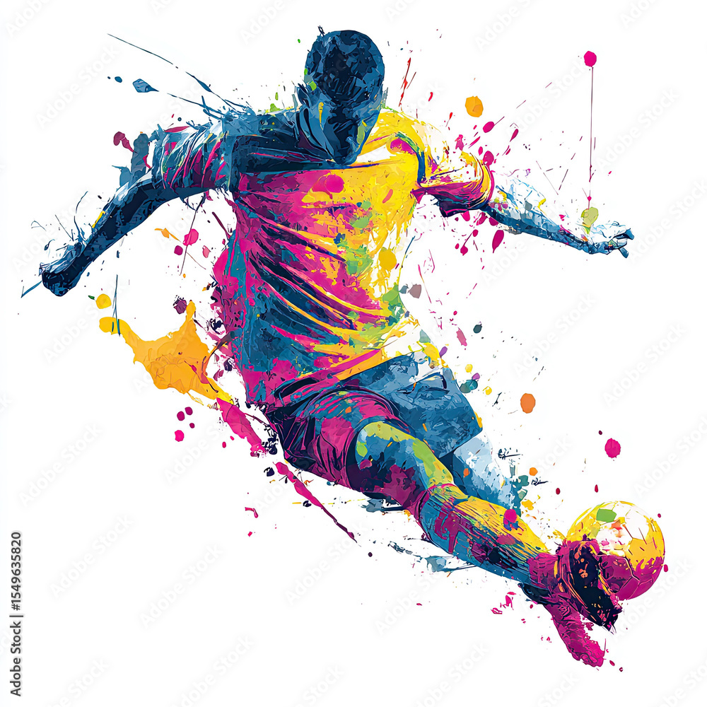 Fototapeta premium A soccer player sprints with the ball in this lively watercolor painting, set against a clean white background with colorful bursts.