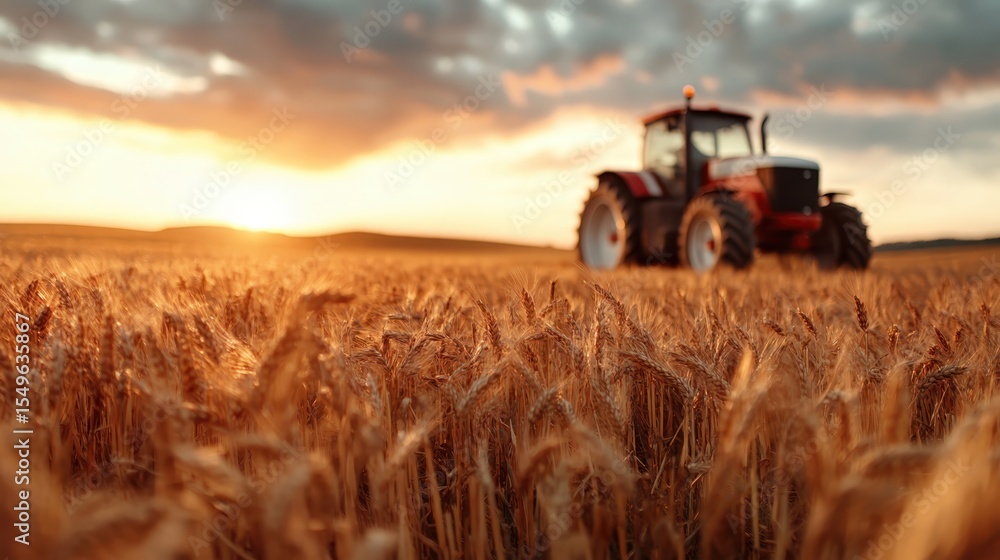 Fototapeta premium A serene landscape featuring a tractor amidst golden wheat fields during sunset, symbolizing hard work and the beauty of rural life in agricultural settings.
