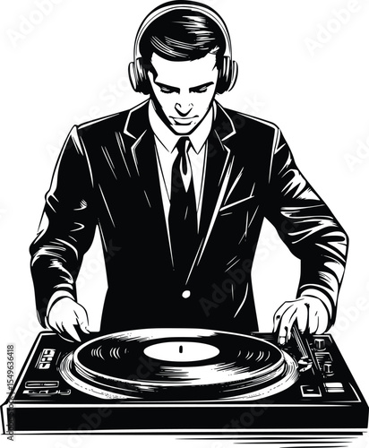 Stylish DJ Silhouette: Editable Vector Illustration of a Man in a Suit Mixing Music on Turntables,  Sophisticated and Cool Design, Perfect for Nightlife and Entertainment Projects.