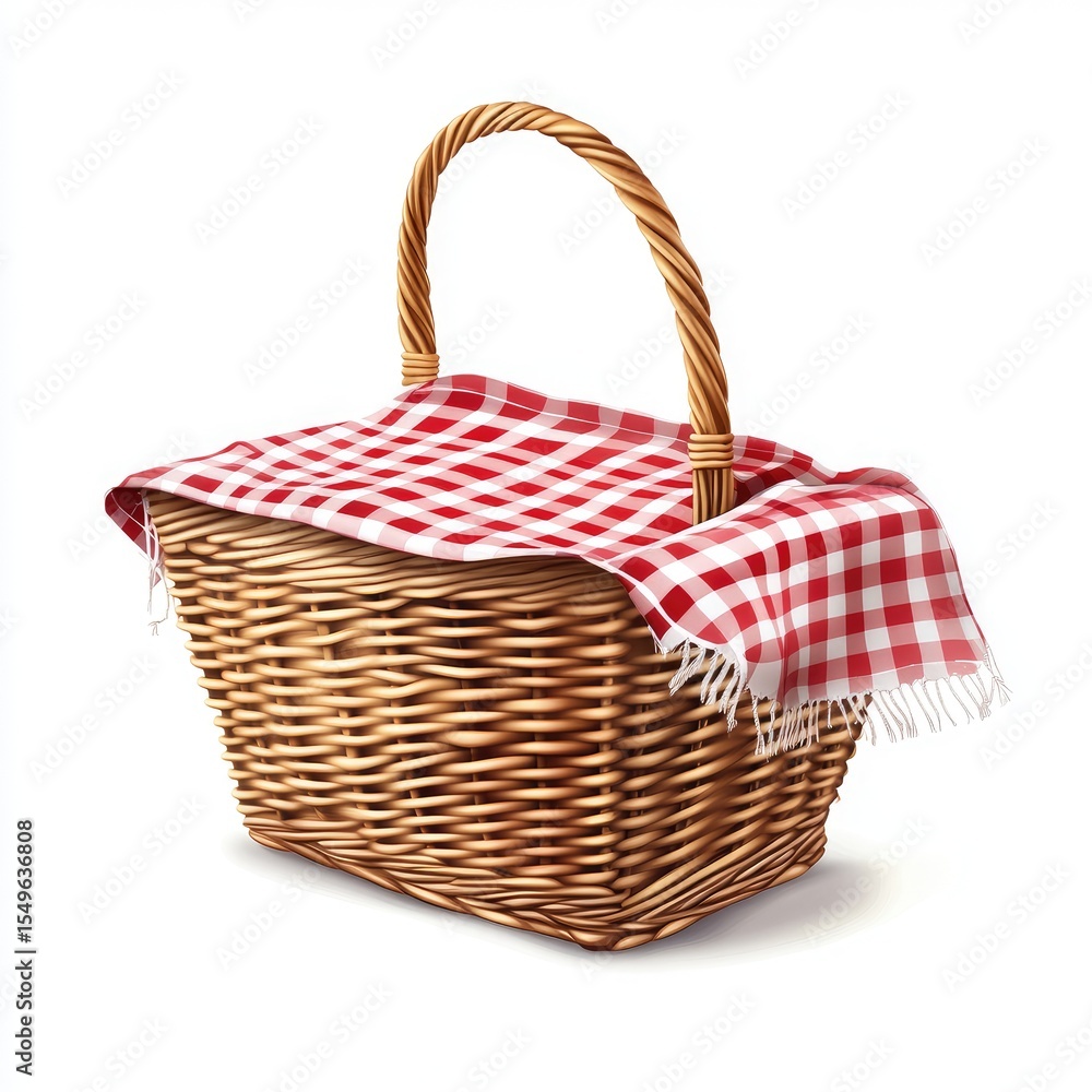 Fototapeta premium Wicker picnic basket with red checkered cloth (1)