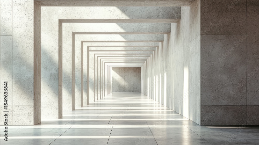 Fototapeta premium A concrete corridor with light filtering through the ceiling, creating a shadowed effect.