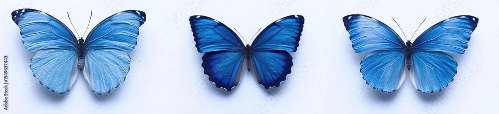 Obraz premium Three vibrant blue butterflies on a plain background