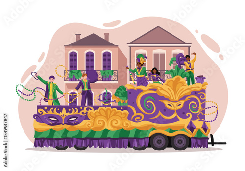 Vibrant Mardi Gras parade float on a festive Bourbon Street in New Orleans.