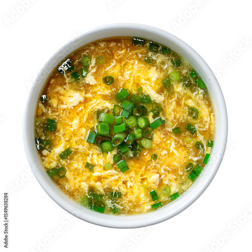 Egg Drop Soup with Green Onions in White Bowl isolated on a transparent background egg soup scallions