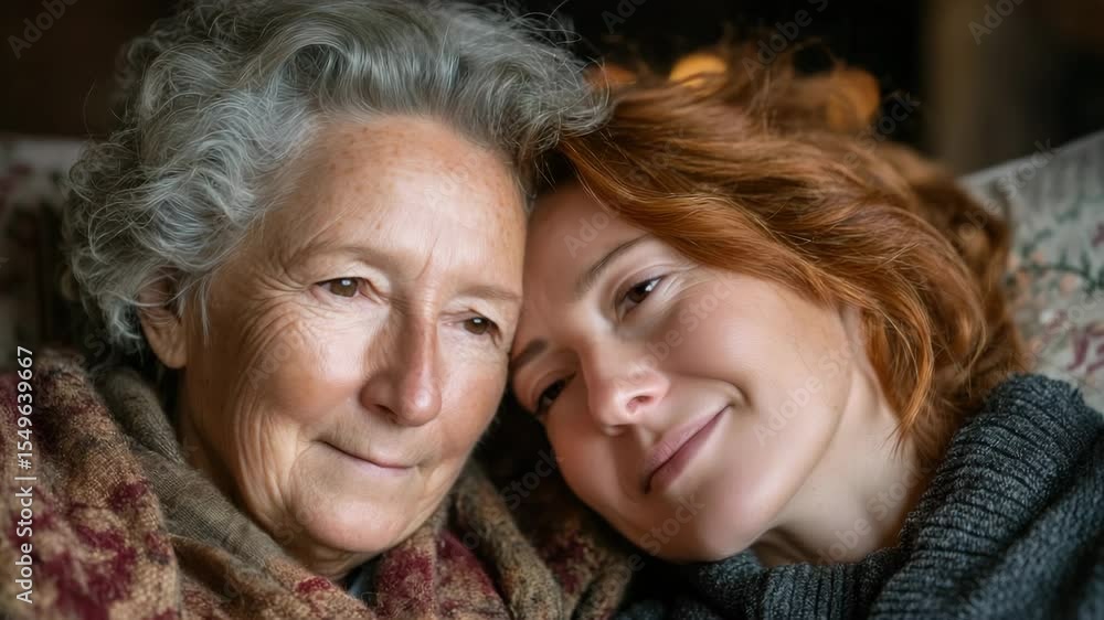 Elderly Mother Resting on Daughter’s Shoulder in Warm Afternoon Light Elderly Mother Resting on Daughter’s Shoulder in Warm Afternoon Light