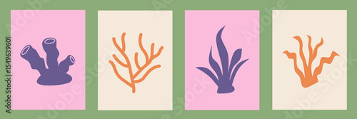 Abstract modern posters in Matisse style. Contemporary print, nature themed, irregular chaotic shapes. Retro silhouette wall decor paintings with floral, seaweed coral. Vector illustration collection.
