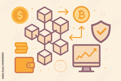 Modern flat vector illustration showcasing blockchain technology and cryptocurrency concepts. Includes digital wallet, Bitcoin, security shield, blockchain cubes, chart on monitor
