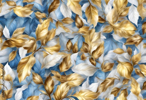 Artwork of overlapping golden and white leaves on a blue background. Abstract nature pattern.
