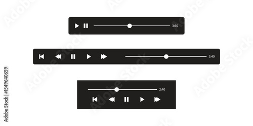 Collection of minimalist black media player interfaces with play pause and seek controls