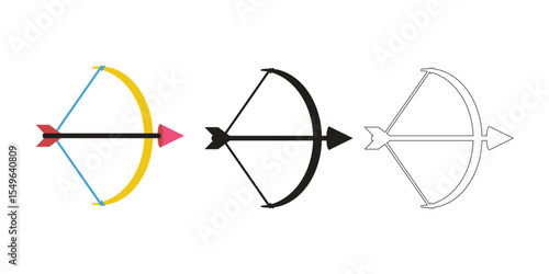 Three stylized representations of a bow and arrow in different artistic styles