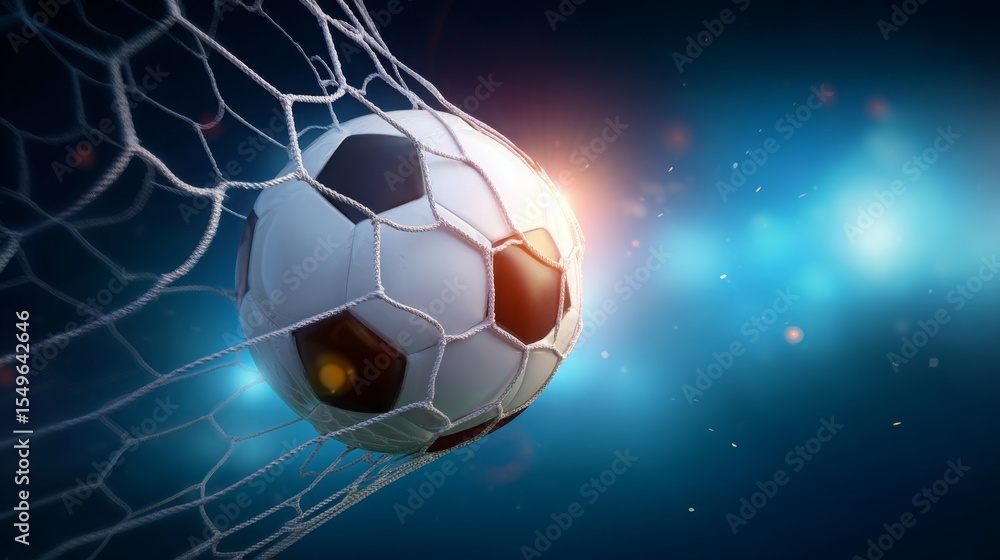 Fototapeta premium Dynamic 3D soccer ball hitting goal net with bending mesh and glowing lights in background, capturing fast action and dramatic moment of scoring in vivid blue sports-themed atmosphere